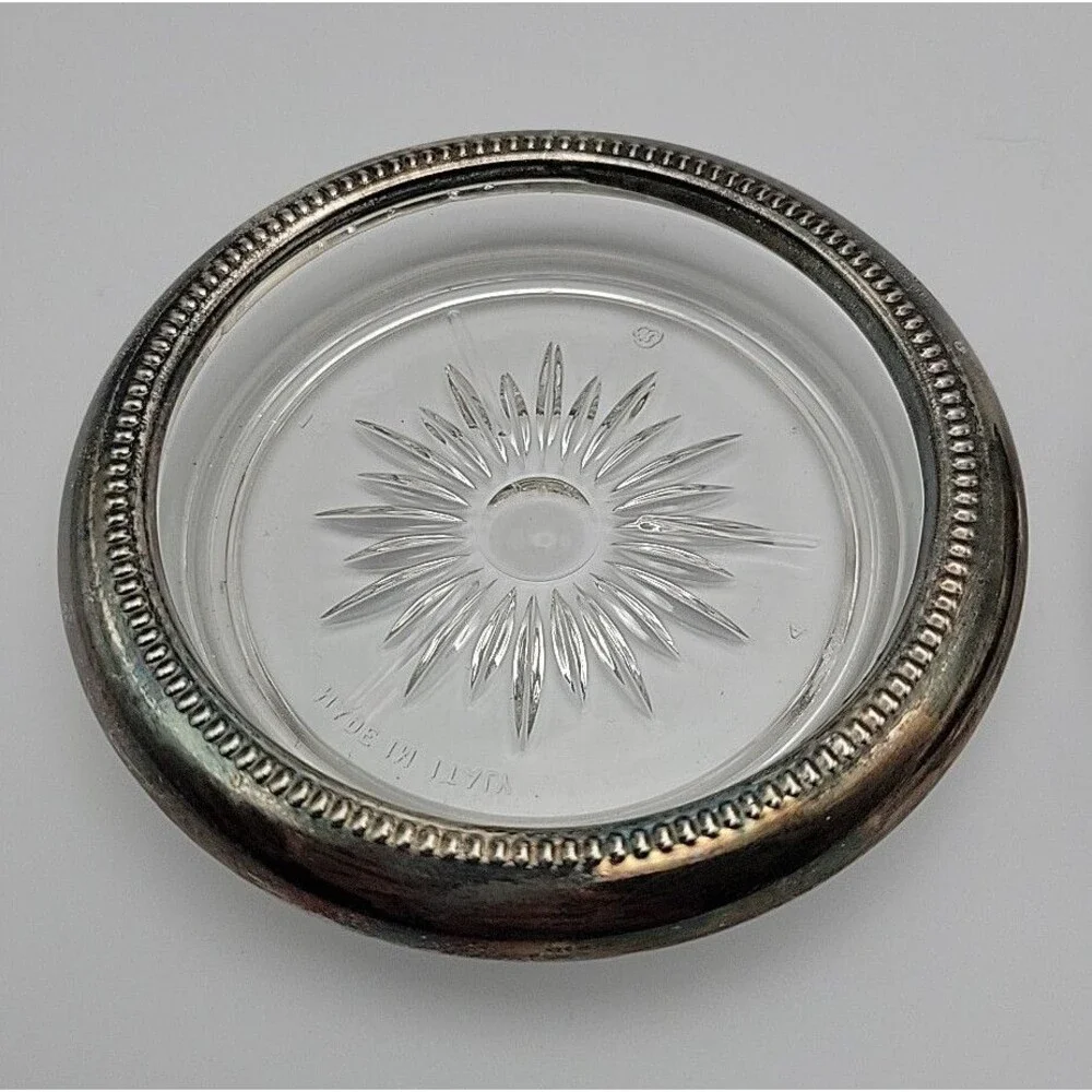 Vintage Leonard Crystal & Silverplate Coaster Ashtray Sunburst Set of 2